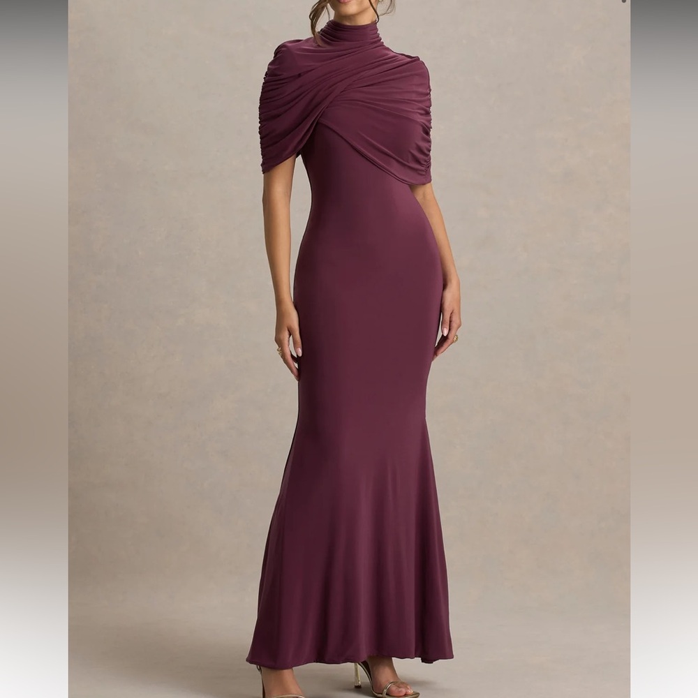 Club L London Burgundy Twist Cape Evening Gown